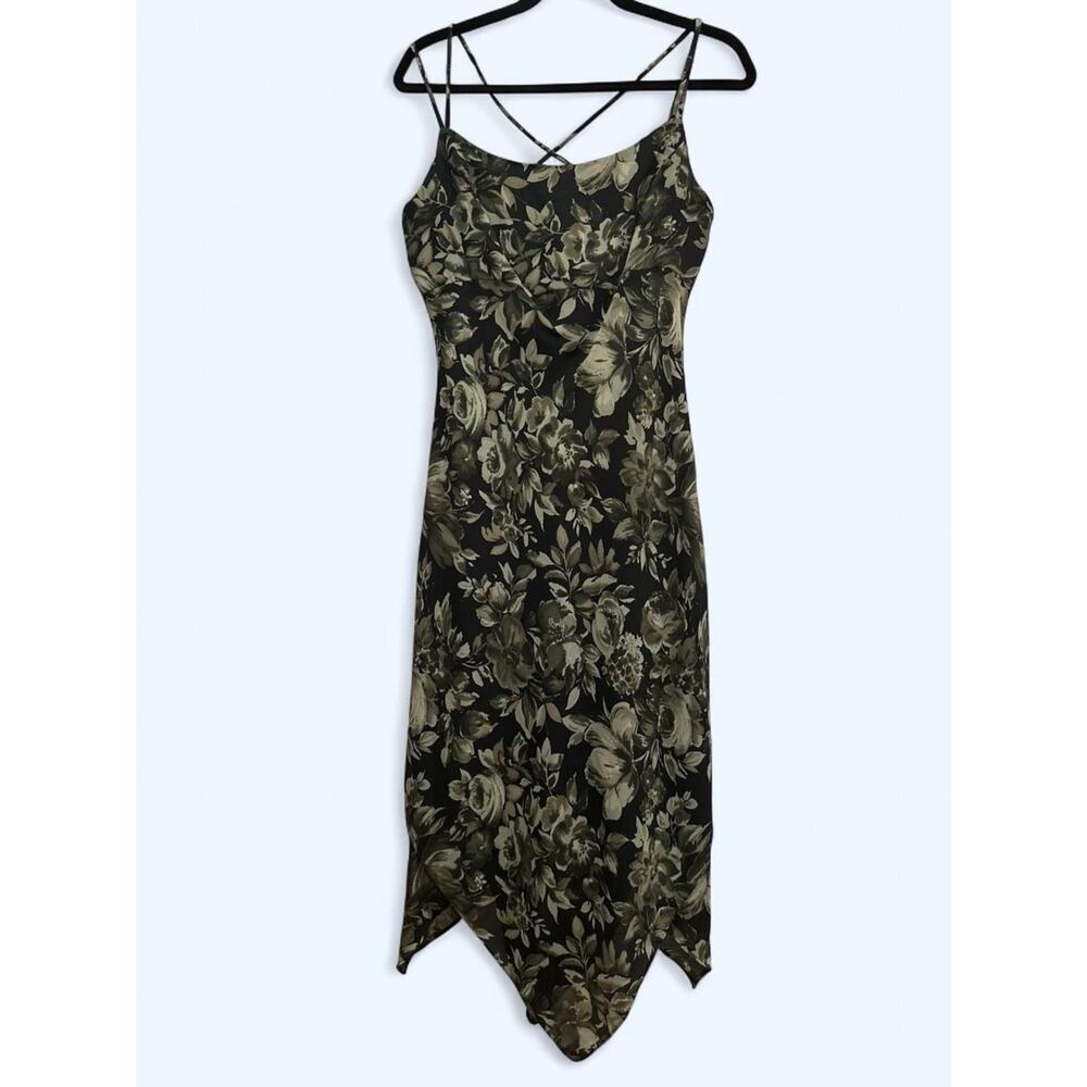 Vintage 90s y2k Black and green floral Alyn Paige midi dress with scarf hem